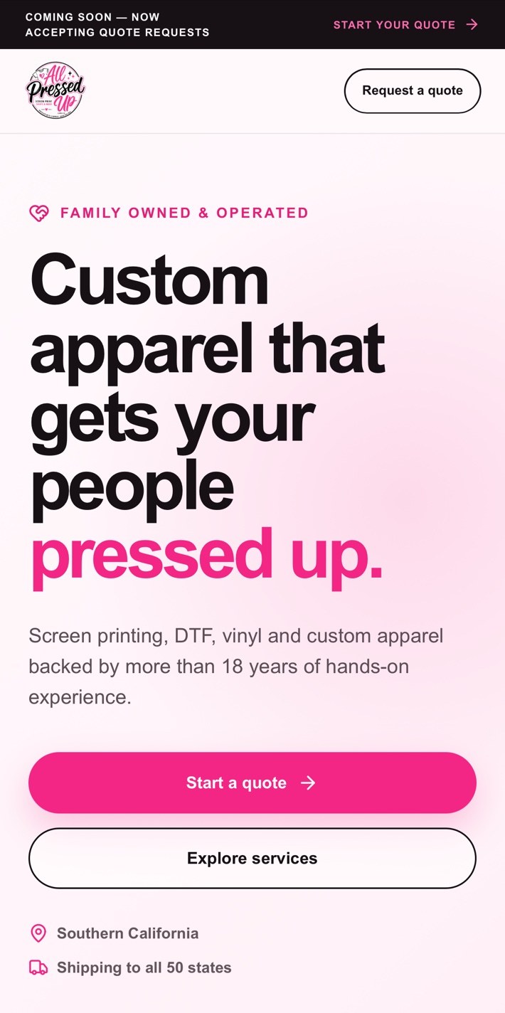 Mobile view of the All Pressed Up Supply Co. website