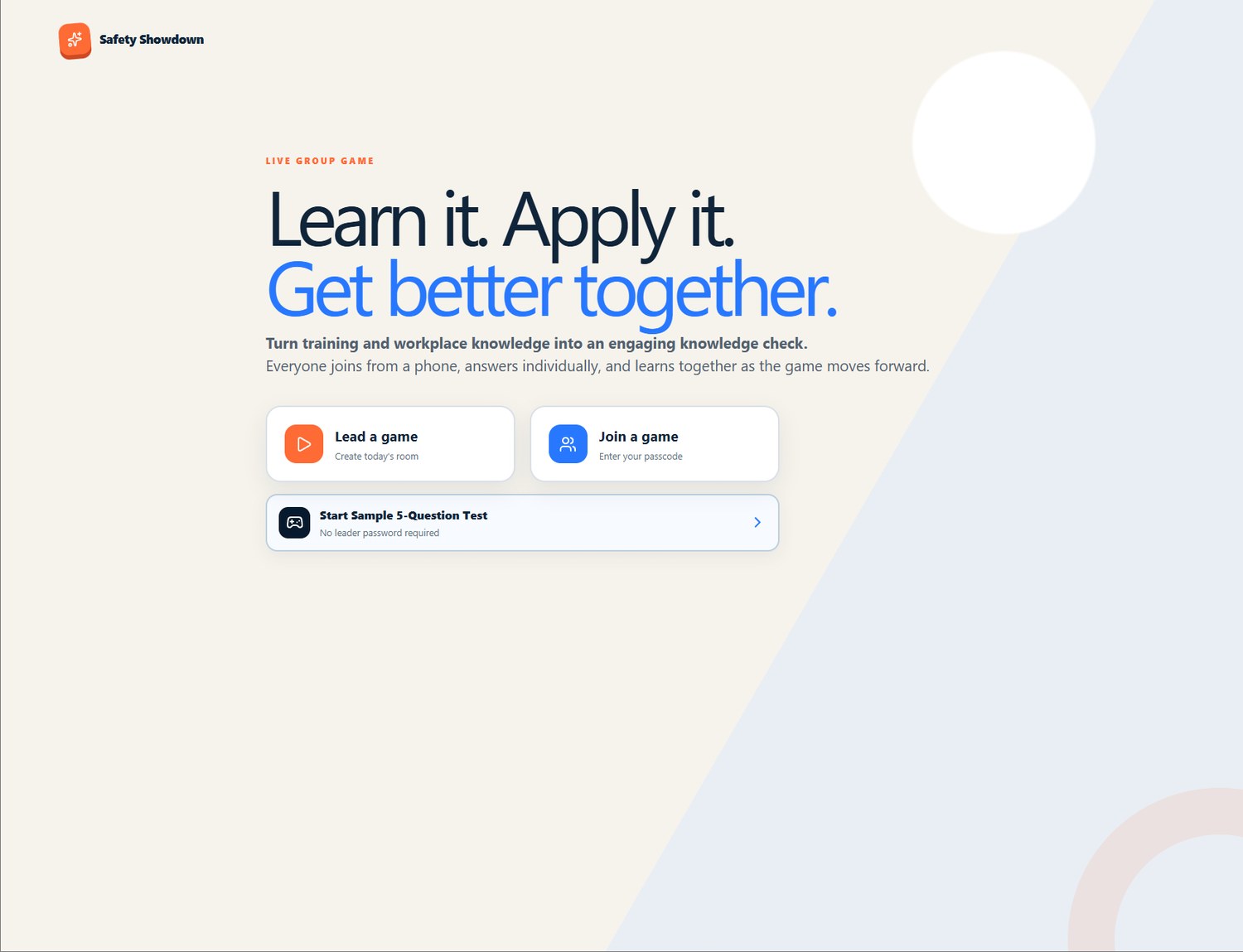 Safety Showdown landing page with the headline Learn it. Apply it. Get better together.